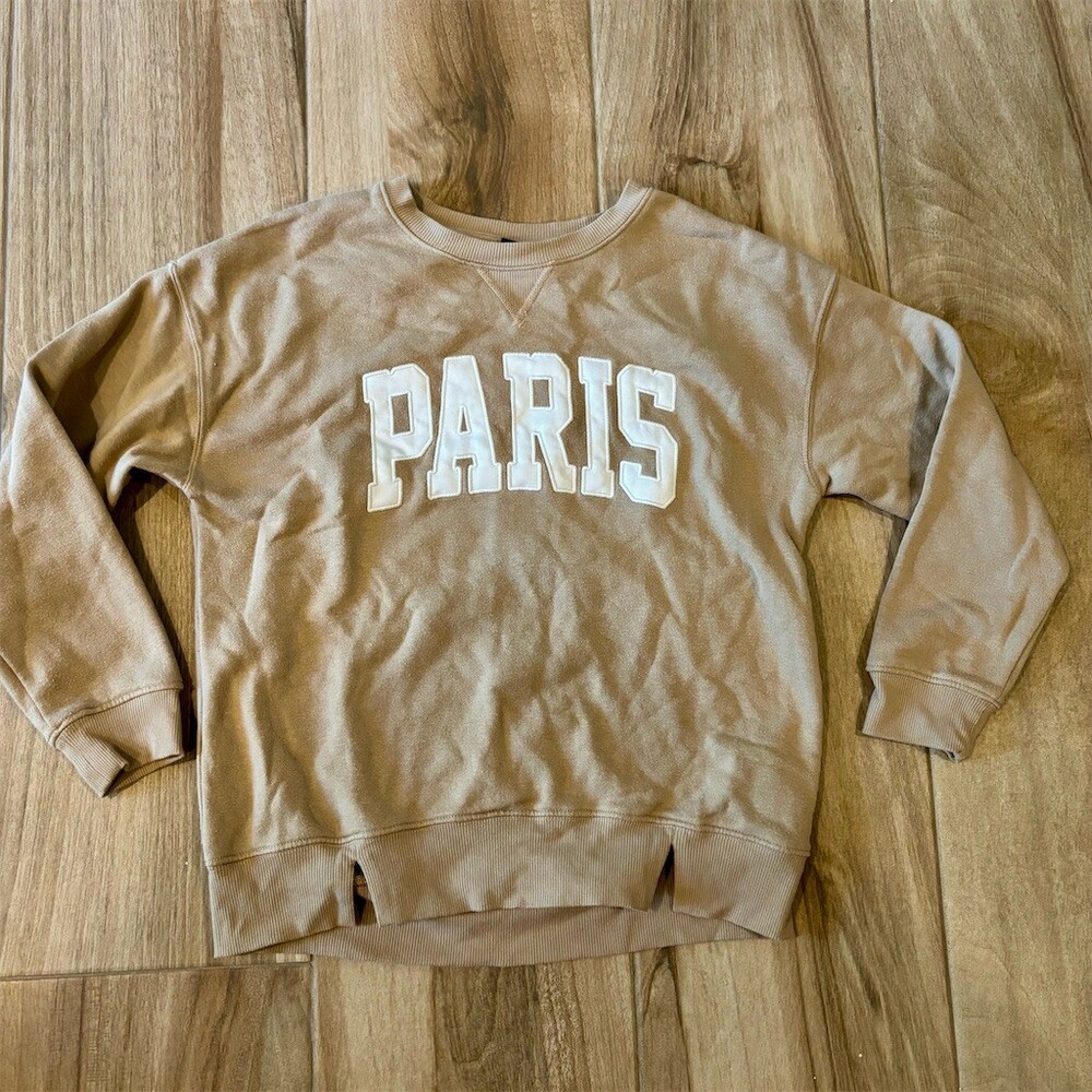 Art Class Sweatshirt Girls L 10/12 Beige Paris Applique Logo Crewneck